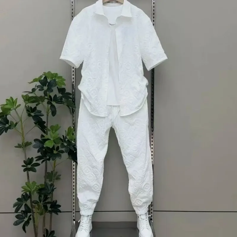 

Summer Men's Lapel Emed Suit Shorts Short Sleeves Fashionable Loose Trousers Two-piece Set