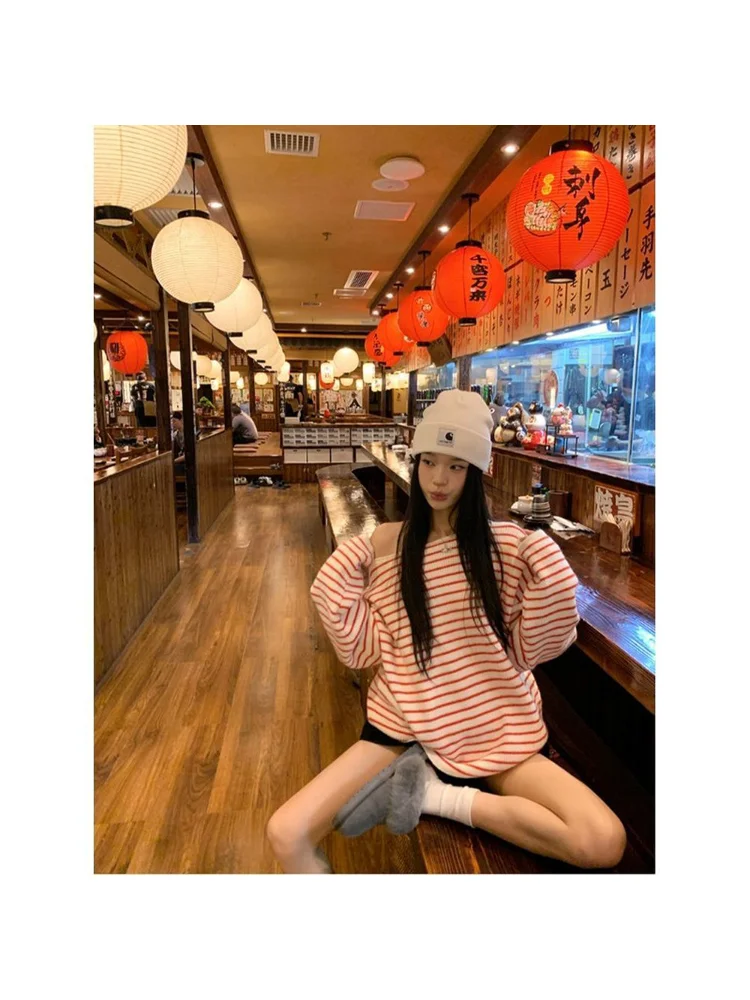Korean Style Long Sleeve Striped Casual Women's Sweater Shoulder off Trendy plus Size Slimming Autumn Winter Loose Top