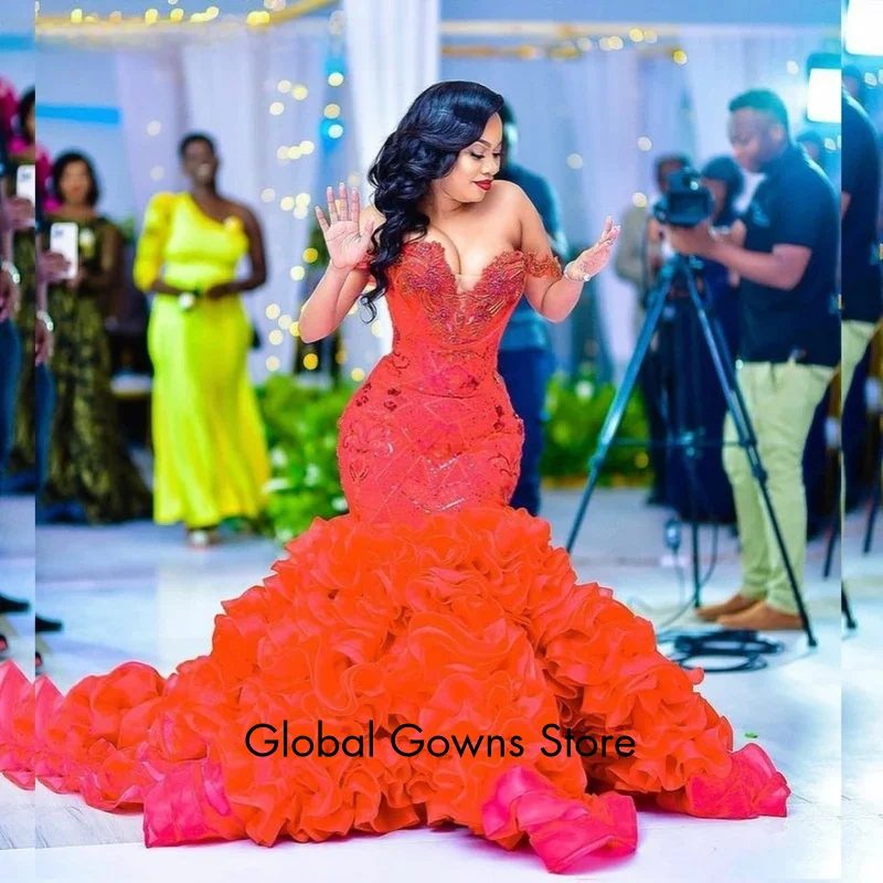 Robe de bal longue de forme sirène, personnalisée, élégante, rouge, à volants, perles de cristal, pour filles noires, robe de soirée africaine, E3P73