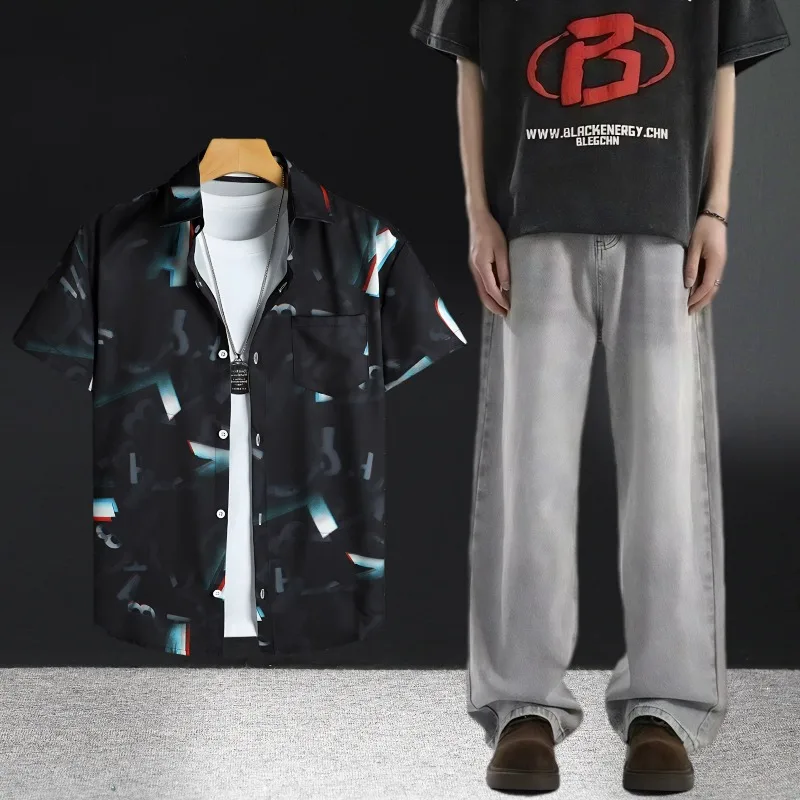 طقم قمصان جينز صيفية كاجوال للرجال بأكمام قصيرة مع ملابس جينز رفيعة ومريحة