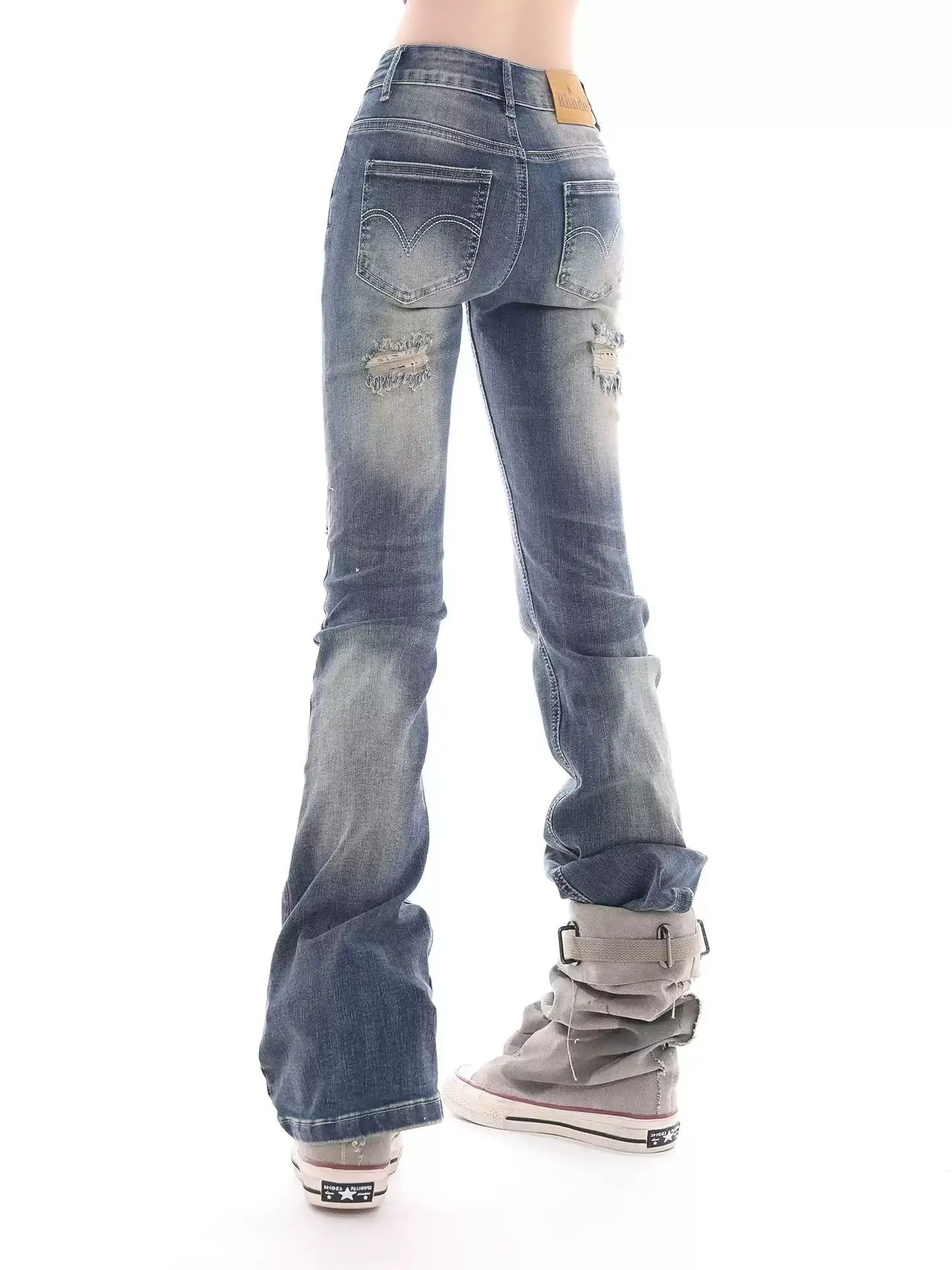 Y2K Cross Rivet Ripped Jeans Vintage Washed Flared Bootcut Pants Summer Retro Distressed Floor‑Length Denim Trousers for Ladies