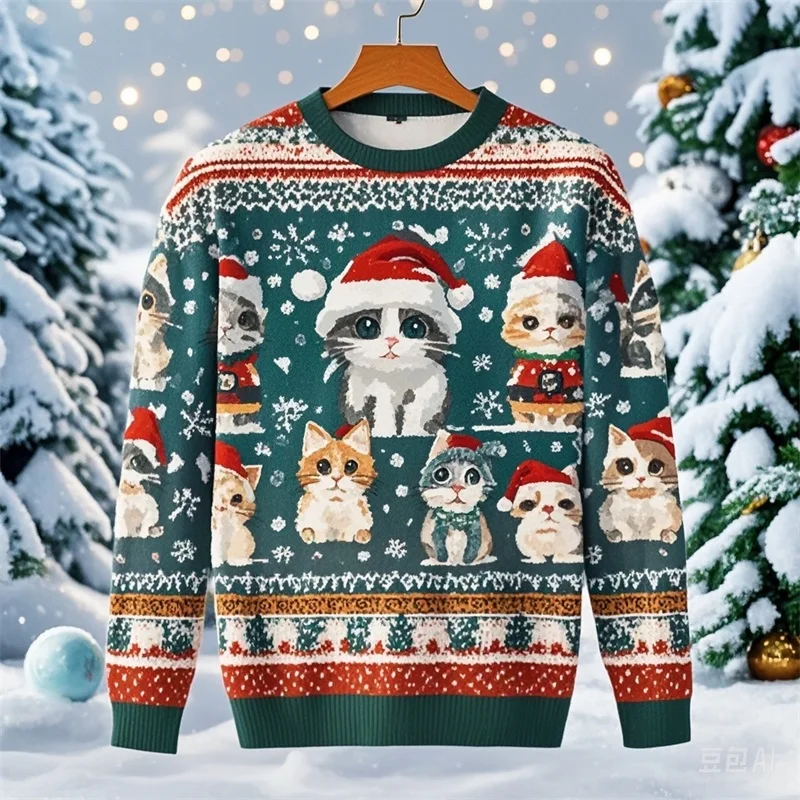 Mens Round Neck Pullovers Sweatshirts Full Print Christmas Funny Cat Graphic Hoodies For Men Women New In Kids Xms Tracksuit