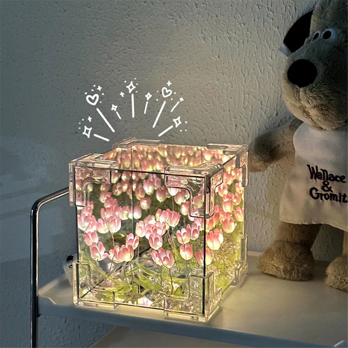 A07I DIY Tulip Mirror Cube Lamp Simulation Flower Bedroom Sleeping Table Handmade Tulip Small Night Light Gift PINK