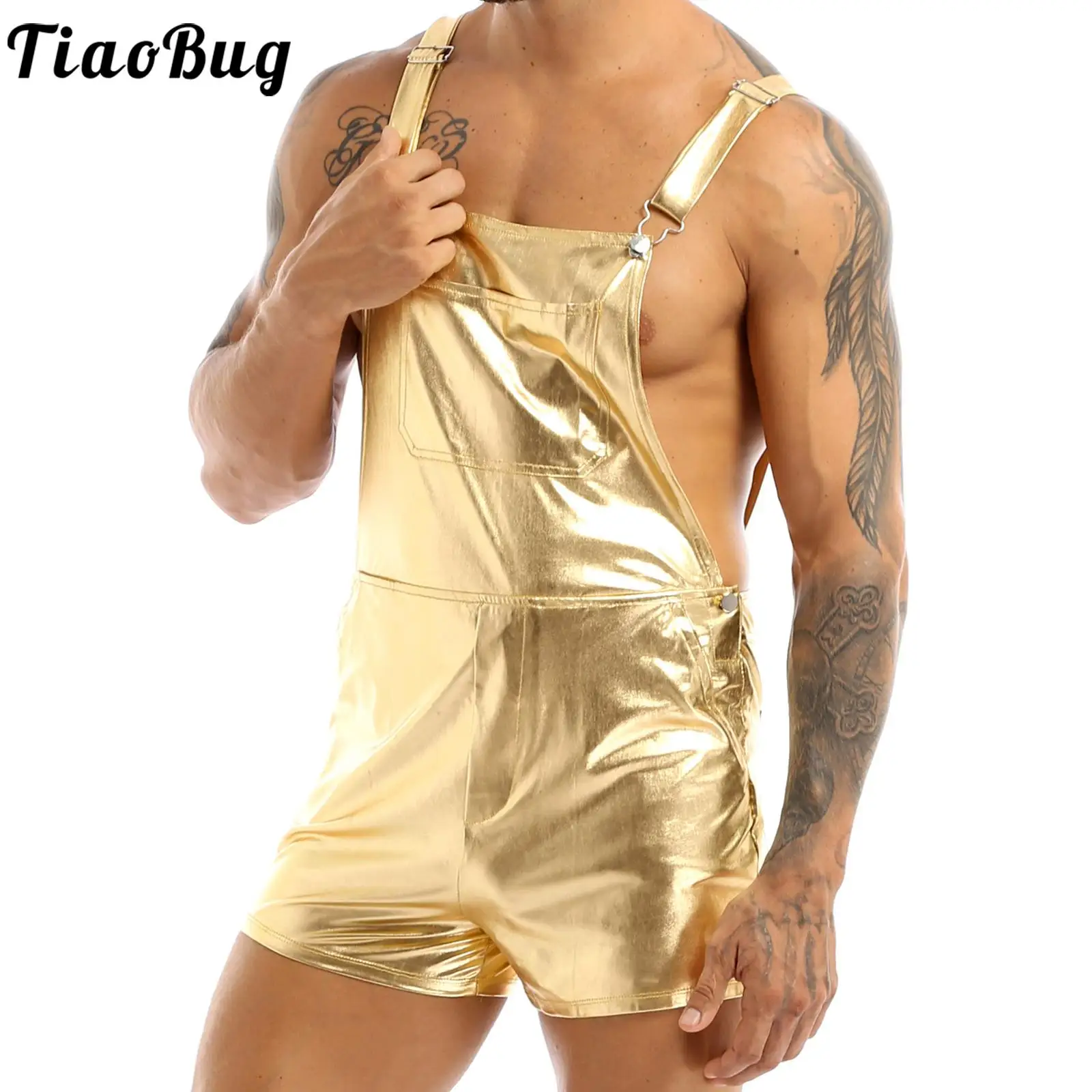 

Mens Shiny Metallic Suspender Shorts Bib Overall Braces Boxer Shorts Tights Rompers Jumpsuit for Festival Fancy Dress Up