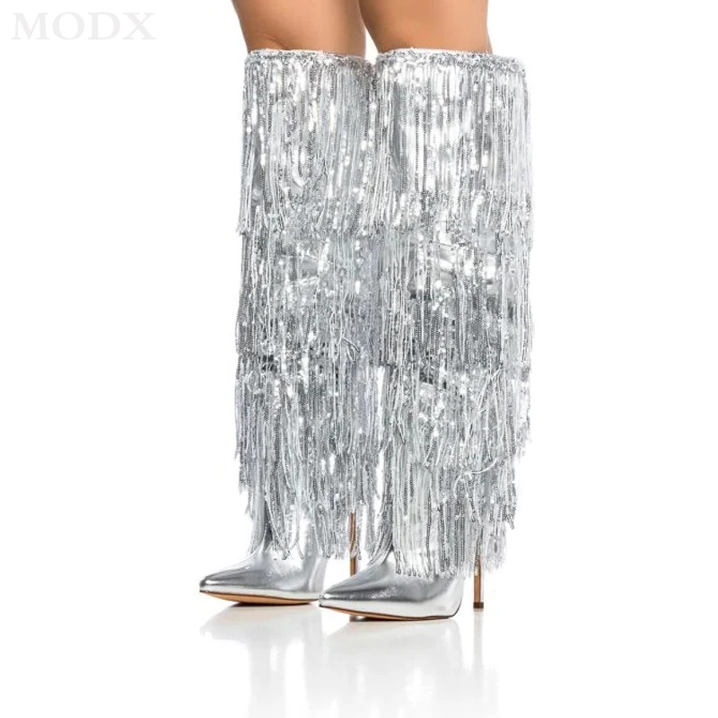 

Sequins Tassels Over The Knee Boots Fashion Pointed Toe Sexy Stiletto Side Zipper Long Boots Glitter Stage Shoe Zapatos De Mujer