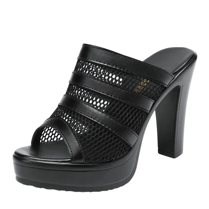 Women Sexy Mesh Lace Sandals  Summer Fashion High Heels Platform Slippers Ladies Bright Leather Comfort Open Toe Sandals