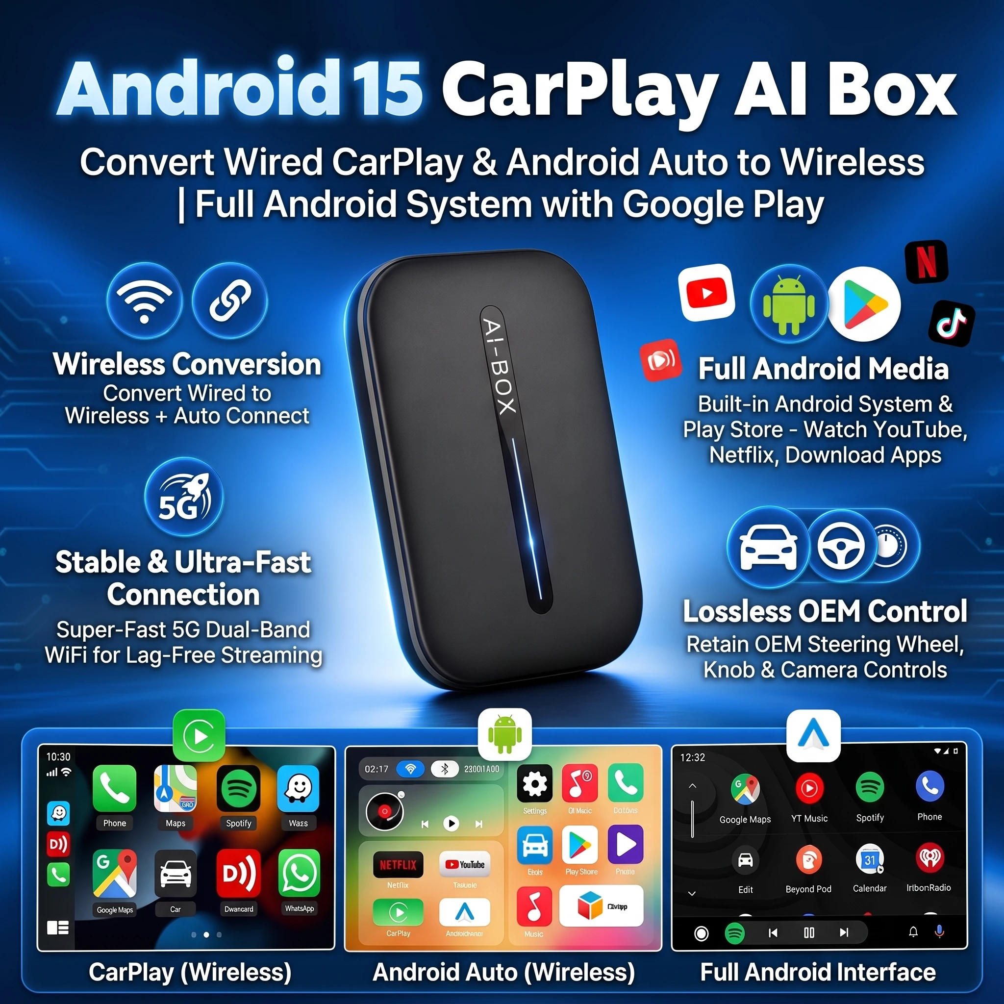 2026 Wireless CarPlay AI Box Android15 Kowankit Wireless Android Auto Adapter 3in1 Smart Car TV Box HD Plug Play Netflix YouTube