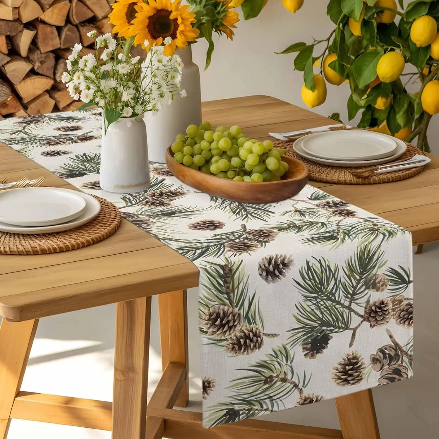 Christmas Pine Needles Pinecones Linen Table Runner Party Decor Winter Xmas Kitchen Dining Table Runner Christmas Decorations