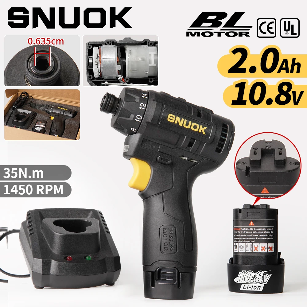 

SNUOK 35 Нм Бесщеточная электрическая дрель 1/4 дюйма Электрический сверлильный станок для стали и дерева Инструмент для авторемонта для батареи Makita 10,8 В