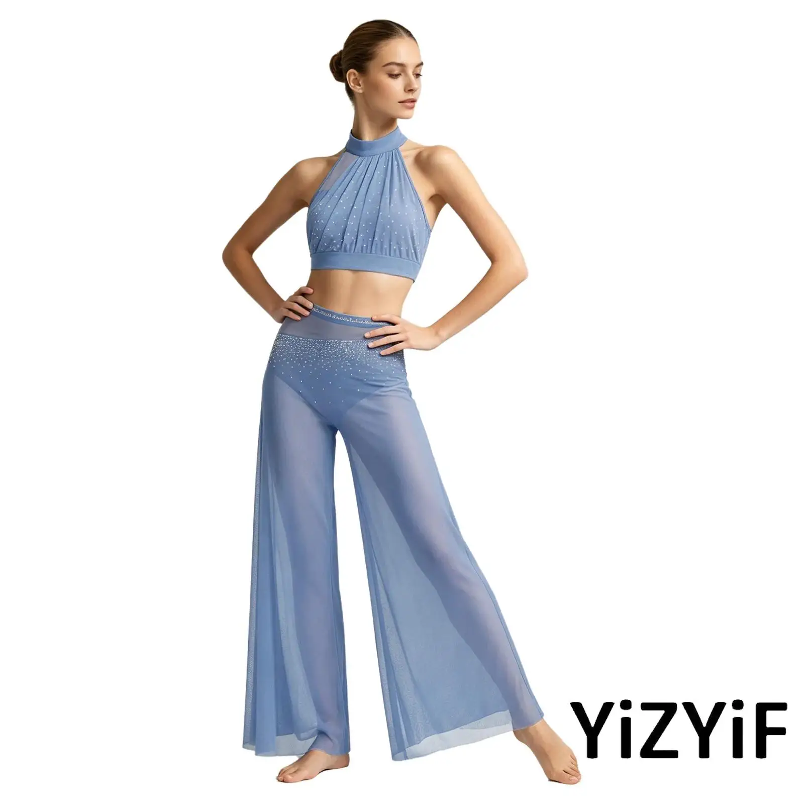 Women 2Piece Lyrical Ballet Jazz Dance Set Halter Neck Rhinestone Mesh Tulle Tank Crop Top with Wide-leg Pants Ballerina Costume