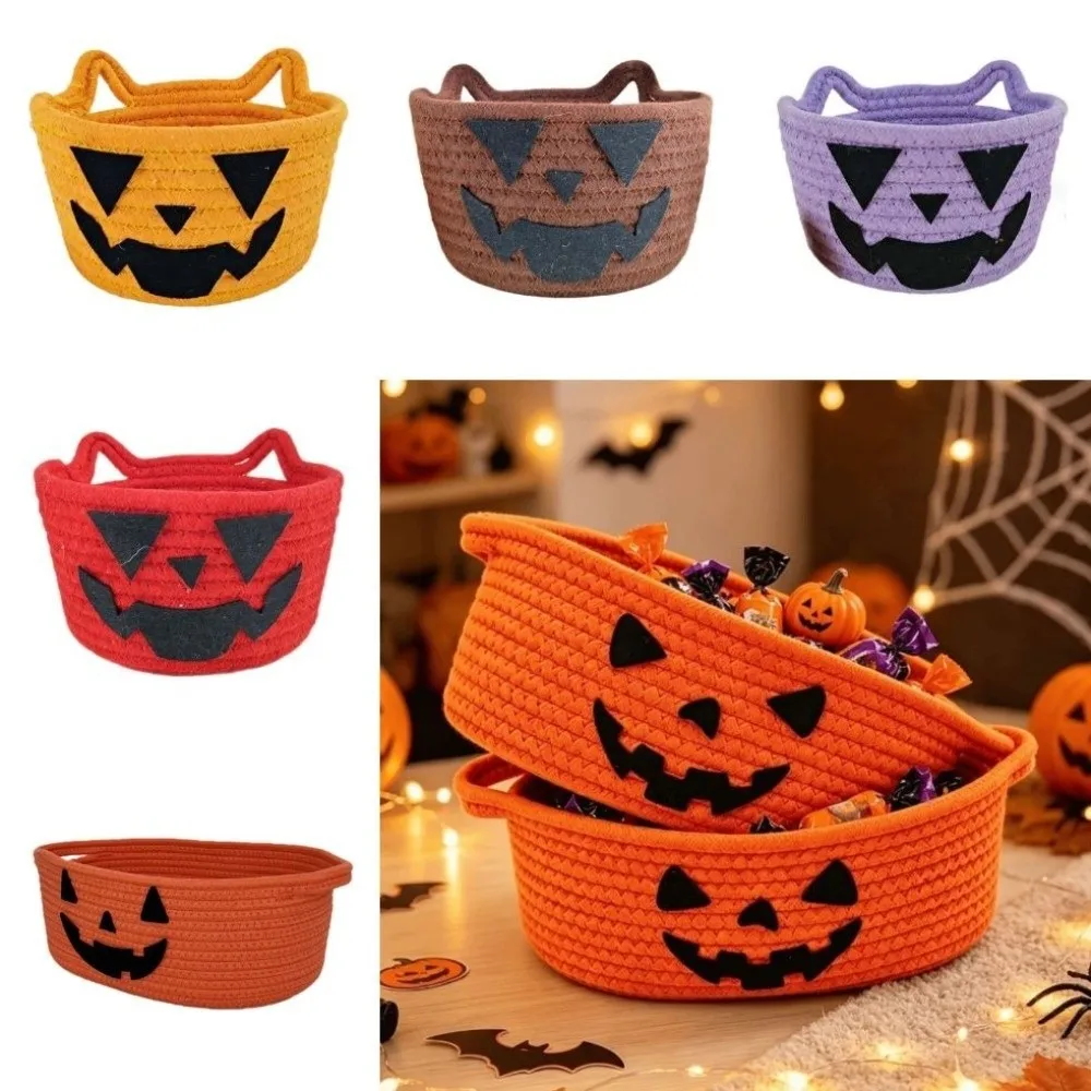 Foldable Halloween Crochet Storage Basket with Double Ear Handles Large Capacity Orange Pumpkin Face Basket Cute Cotton Rope