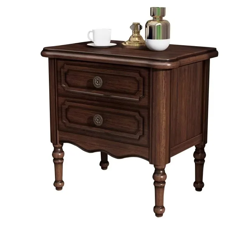 Classic American Solid Wood Double-drawer Eco-Friendly Bedside Table Vintage Redwood Design for Family Hotels Bedroom Furniture