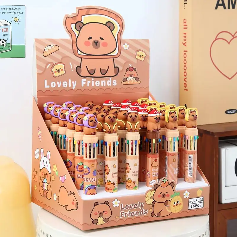 36pcs-10-colors-box-set-capibala-creative-painting-mark-multi-color-pens-cute-animal-capybara-press-type-ballpoint-pen-for-gift