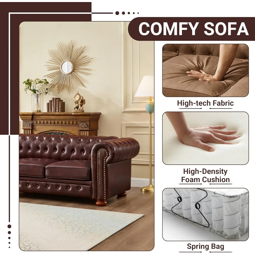 Chesterfield Sofa, 89" Faux Leather Sofa, Upholstered Sofa, Low Back, Rolled Arms Nailhead Trim, Classic 3 Seater Sofa image 3