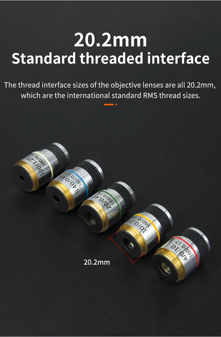 Lensa objektif mikroskop biologi 185 - 195, 4X, 10X, 20X, 40X, 60X, 100X, lensa imersi minyak akromatik, ukuran instalasi 22.2