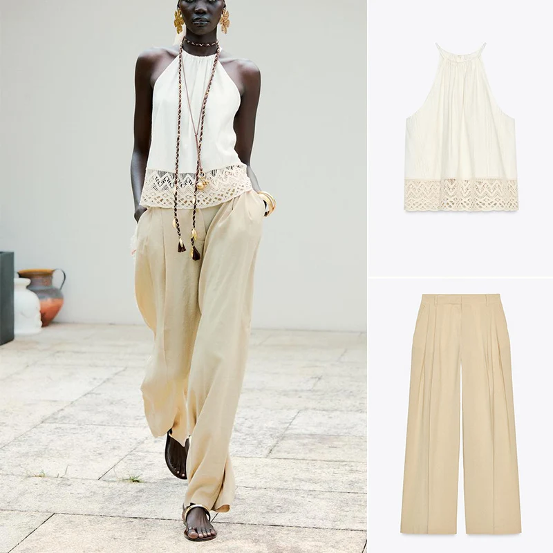 

Summer Vaion Sle Ba Split Top Linen Blend Pleated Wide Leg Casual Long Pants Two Piece Set round Ne ort Sve