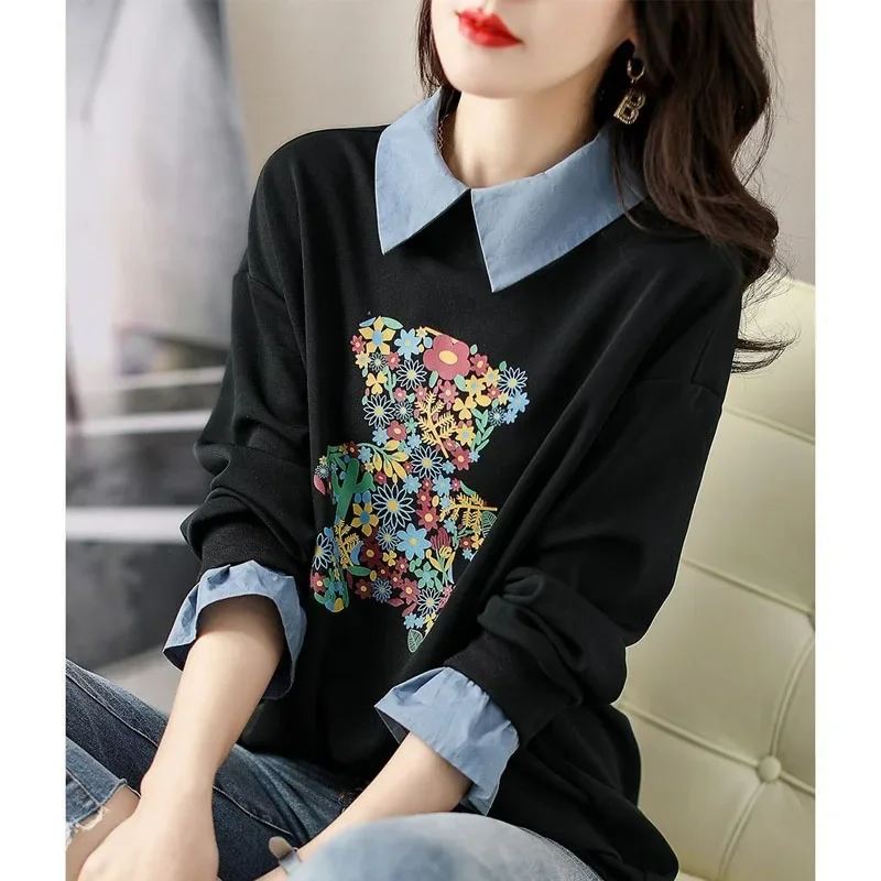 

New Autumn Fashion Trend Fake Two Piece Shirt Collar Versatile Print Loose Relaxed Slim and Age Reducing Style Women's Sweater