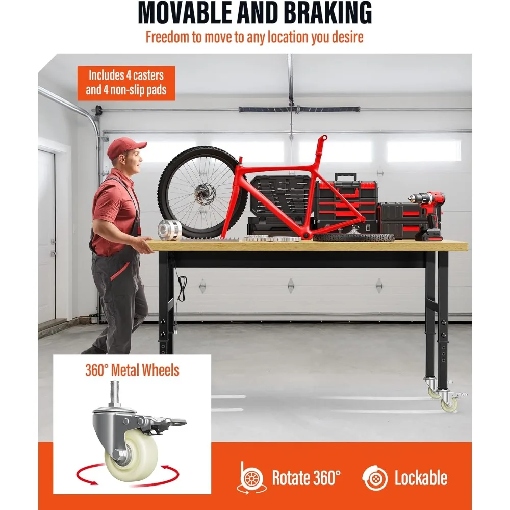 60" Adjustable Work Bench,Hardwood Top Garage Work Bench Table,Heavy Duty 2000 LBS Load Worktable,Rolling Mobile Workbench