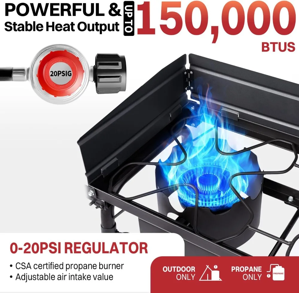 

2 Burner Propane Camp Stove 150,000 BTU Outdoor Cooking with Side Shelves & Windscreen