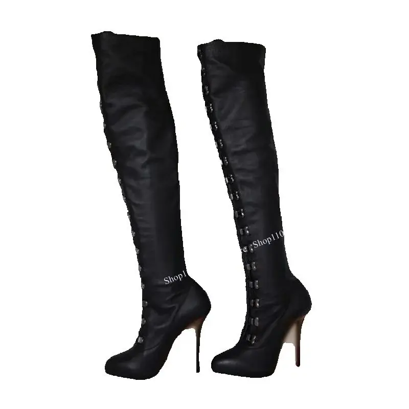 Black Matte Over Knee High Lace Up Boots Thin High Heel Pointed Toe Fashion Sexy Cool Western Winter Woman Shoes Zapatilla Mujer