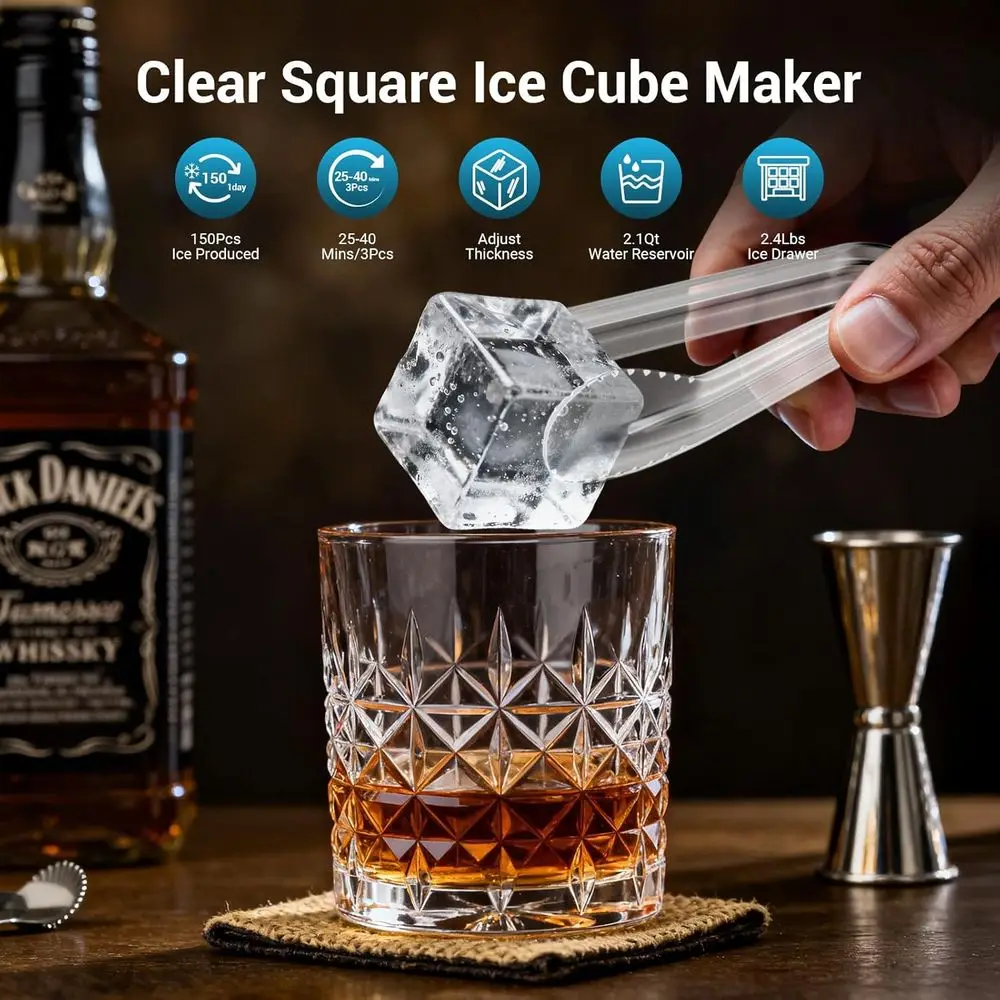 Clear Ice Cue Maker Countertop, 1.6LarIce Cue, 3Pcs in 30 Mins, 24H Timer, Square Ice hine with l-Cleaning or Cocktails, Whiskey