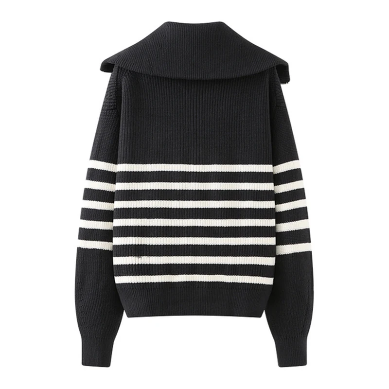 ABRINI Women Striped Half Zipper Turn-down Collar Sweater Casual Long Sleeve Warm Knit Pullover Fall Winter Lazy Thicken Jumpers