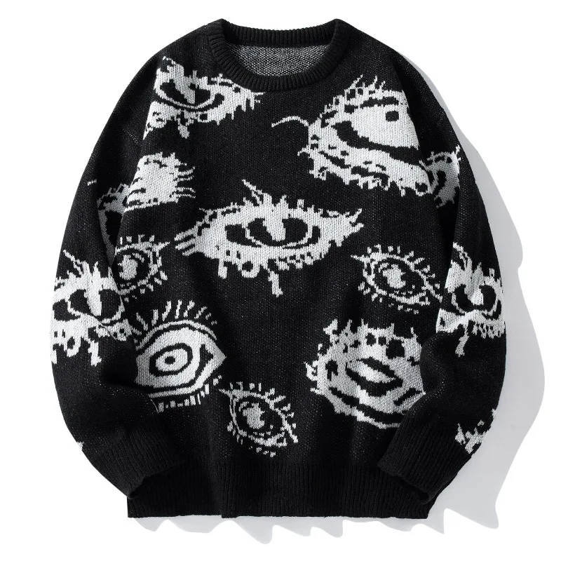 Trendy Streetwear Style Crewneck Hippie Graphic Black Pullovers Vintage Jacquard Pattern Sweater Classic Knitted Men's Pullover