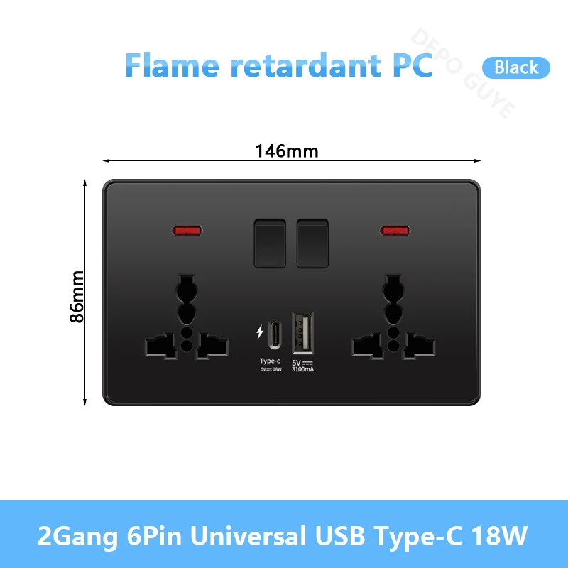 Variant: 2Gang 6Pin USB C 18W