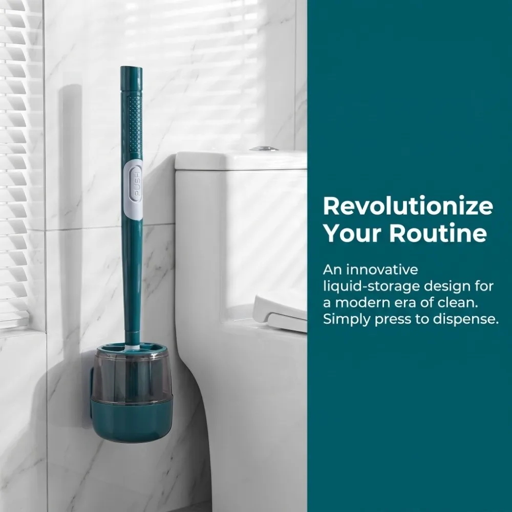 Green Wall-mounted Liquid Adding Silicone Toilet Brush Plastic 42*10cm Green Silicone Toilet Brush with Storage Box