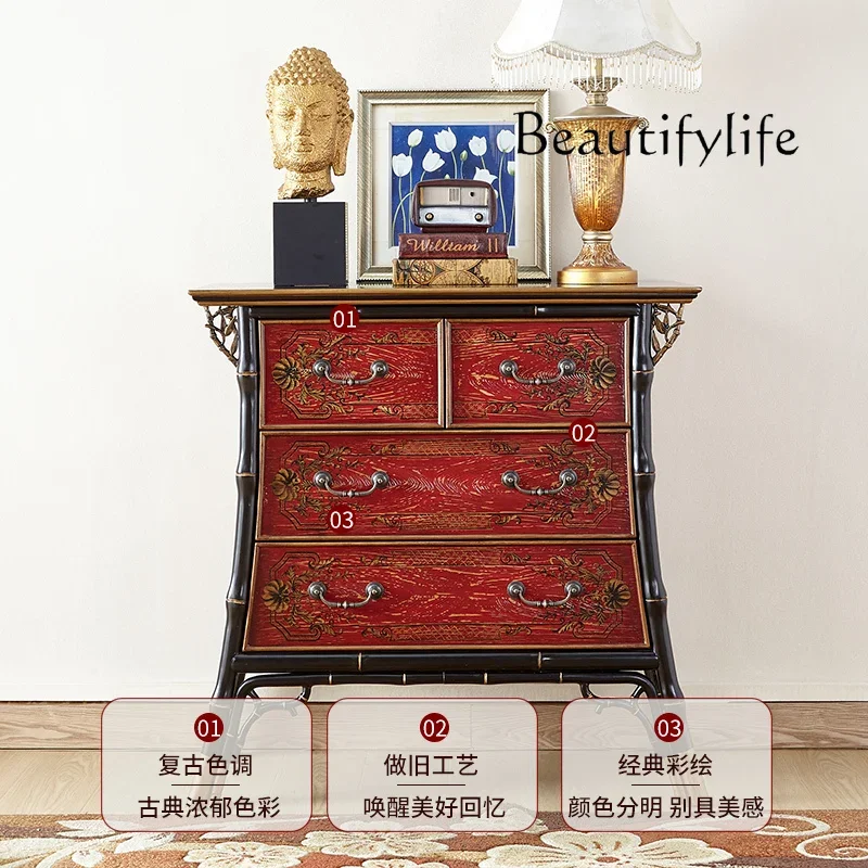 M American Rural Entrance Cabinet Solid Wood Retro Four-bucket New Chinese Living Room Partition Home Storage Decorative Cabinet