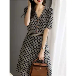 Summer New Elegant Fashion Diamond Printed Knitting Dress Female V-neck Waist Vintage Robe Women Temperament Vestidos De Fiesta