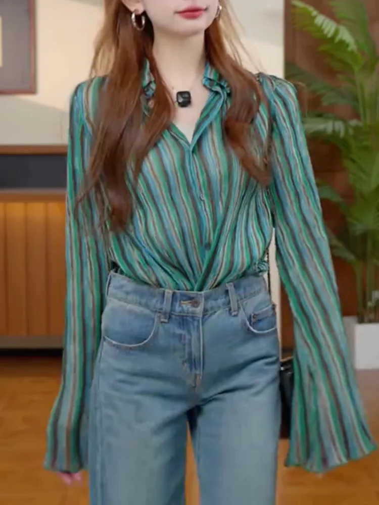 

Винтажный полосатый топ большого размера, модный, универсальный, омолаживающий, для осеннего сезона, из смесовой шерсти Snow Dr, длинный...