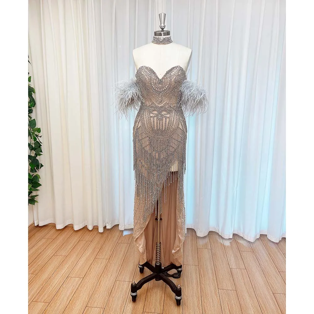 Luxury Beads Tassel Feather Mermaid Evening Dress for Women 2024 High Neck Crystal Long Formal Prom Wedding Pary Gown Customized