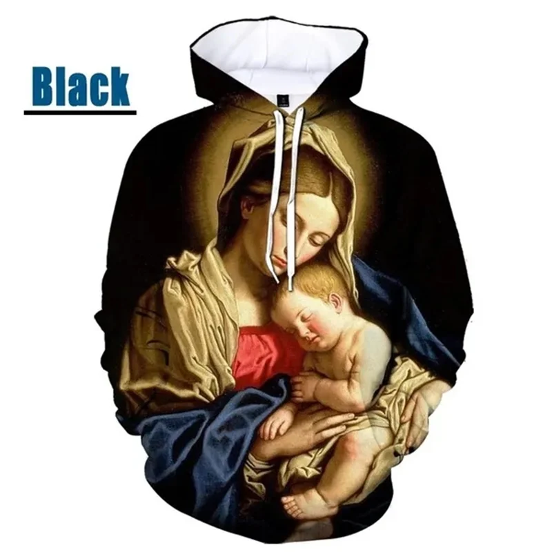 

Christianity Pattern Hoodies For Men Women Virgin Mary 3D Printed Sweatshirt Casual Hooded Long Sleeves Loose Kids Pullovers