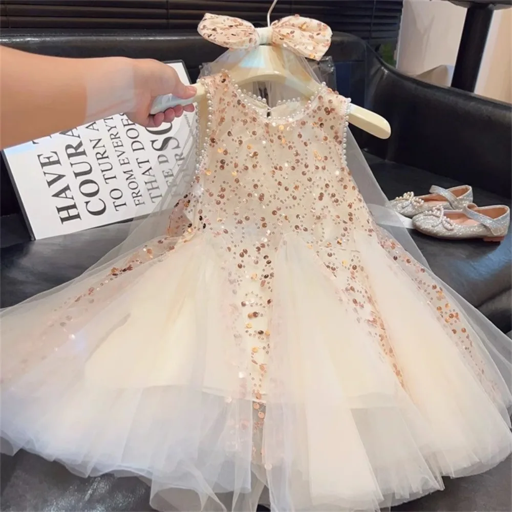 Bear Leader Summer Korean Version Girls Sequined Sleeveless Dress Patchwork Mesh Princess Dresses Wedding Party Kids Clothes+Bow