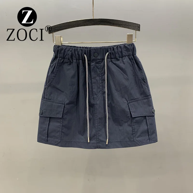 [ZOCI] Elastic High Waisted Drawstring Workwear Women 2024 Summer New Style Girl A-line Casual Hip Hugging Short Skirt