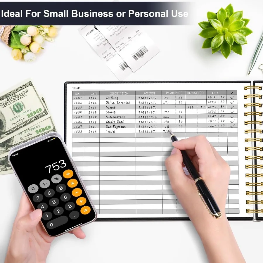 中小企業の会計管理用ハードカバー会計帳簿：2つの収納ポーチ付きの横型お金支出追跡ノート