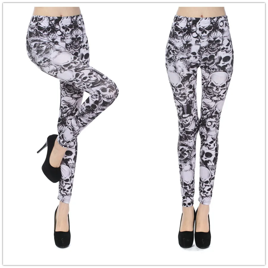 Moda feminina preto e branco sexy crânio leggings leite seda impressa calças de nove pontos tatuagem leggings