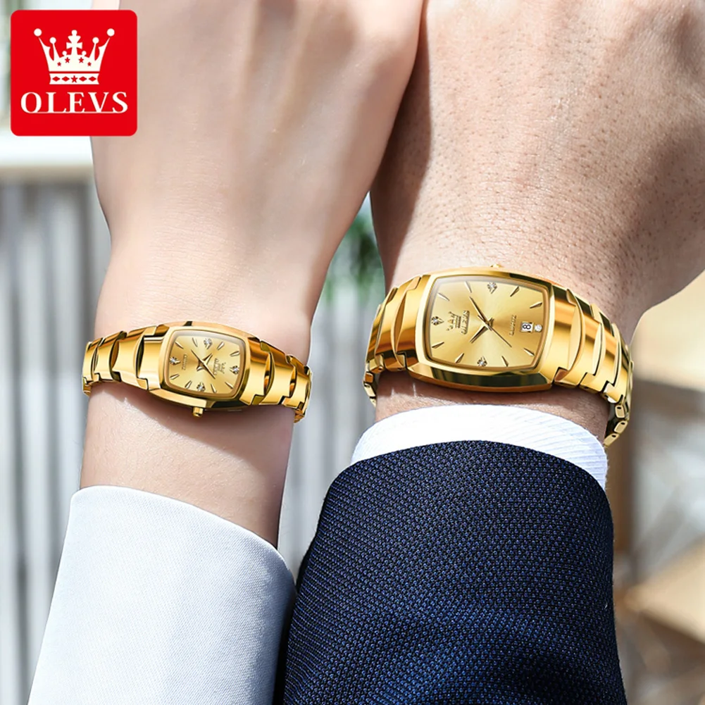 OLEVS Paar Uhren Luxus Gold Original Armbanduhr Wasserdicht Wolfram Stahl Datum Sie und Ihn Uhr Set Jahrestag Geschenk