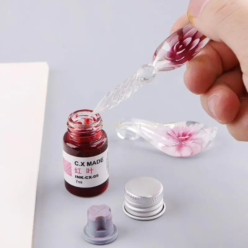 7PCS/SET Handmade Floral Glass Pen Dip Writing Pens Set for School