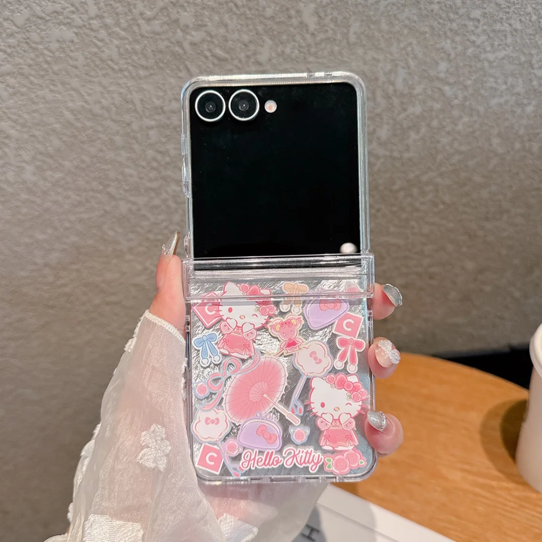 ญี่ปุ่นอะนิเมะHello Kitty Kuromi Melodyเคสโทรศัพท์พับสําหรับSamsung Galaxy Z Flip 5 6 7 FE Feather Texture Dropกรณีทน ﻿