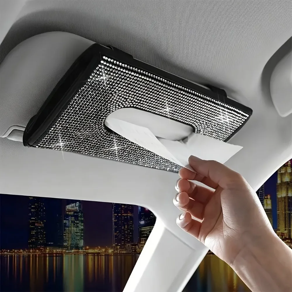 1PC car sun visor tissue box, diamond tissue clip embedded in seat backrest, fashionable Rhinestone car drawing paper box