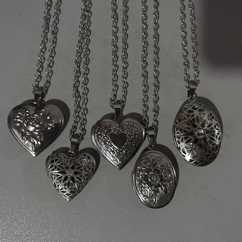 Romantic Heart Locket Pendant Openable Female Silver Color Stainless Steel Photo Frame Charm Necklace for Women Men Jewelry Gift
