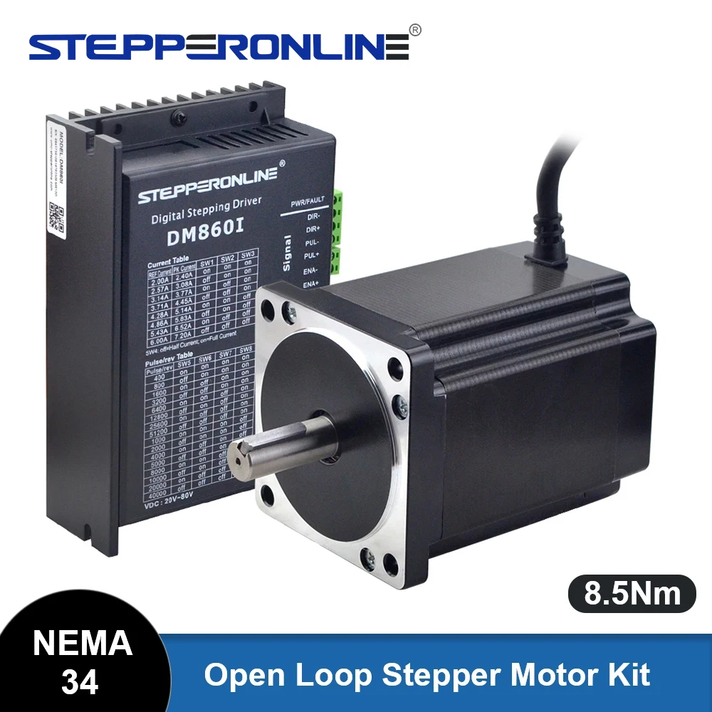 STEPPERONLINE Nema 34 Open Loop Stepper Motor Kit 8.2N.m 6A & Driver DM860I 2.4A-7.2A for CNC Engraving Milling Machine