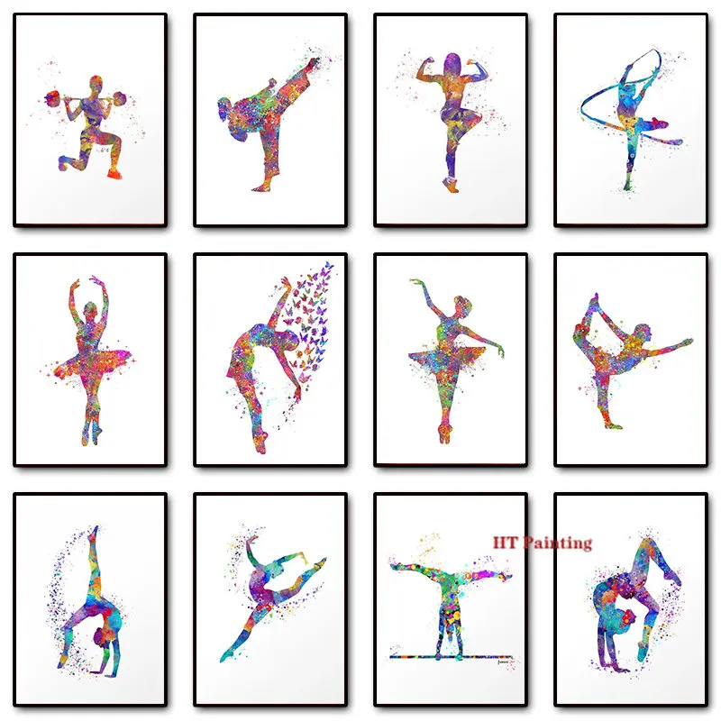 Girl Gymnastics Sport Ballet Bodybuilding Abstract Watercolor Poster Canvas Painting Wall Art Pictures Room Home Gym Decor