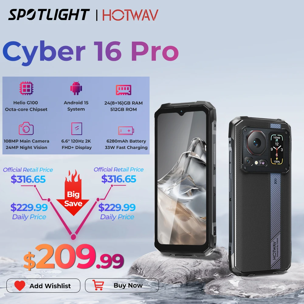 

HOTWAV Cyber 16 Pro Rugged Phone G100 108MP Mobile Phone 6.6'' FHD+ 2K Display 8GB 512GB Smartphone Android 15 Cellphone