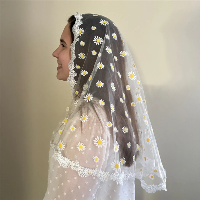 Floral Yellow Embroidery Flowers Veils Church Chapel Catholic Mass Mantilla Daisy Head Covering D Shape White Lace Edge