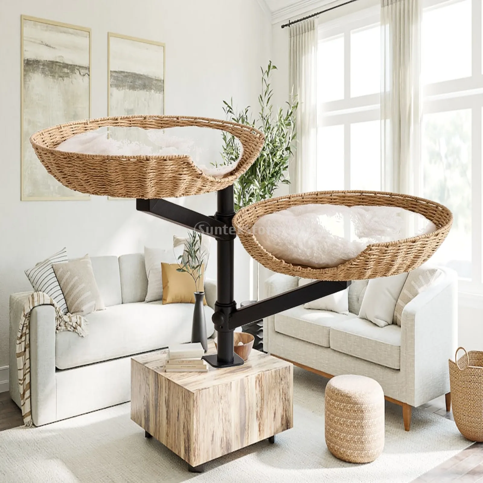 Adjustable Cat Bed with Cat Perch for Desk Clamp Mount Space Saving Elevated Cat Shelf for Indoor Cats Rubber Wood Iron