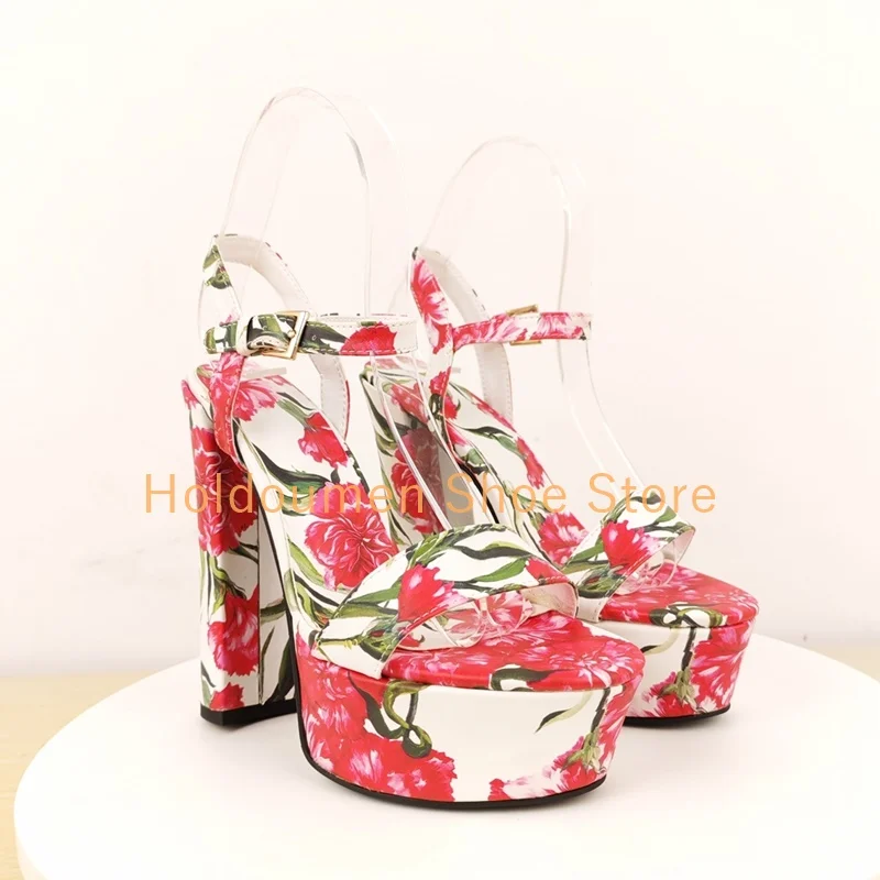 Women's Colorful Flower Fruit Print Summer Island Resort Style Sandals Sexy Peep Toe Platform Chunky Heel Ankle Buckle Sandals