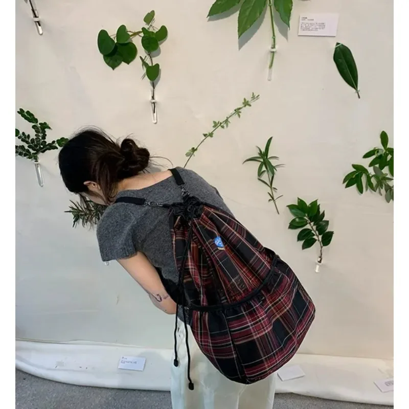 2025New Retro Red Plaid Large Capaci Backpack Drawstring Closure Shoulder Bag Casual Slish Polyester Women's Backpack